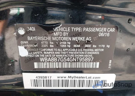 2016 BMW 340I xDrive from USA, damaged, VIN WBA8B7G54GNT95897